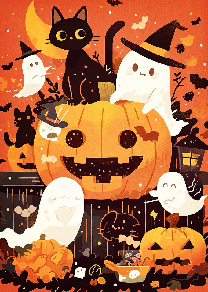 Halloween Cat Ghosts Pumpkins