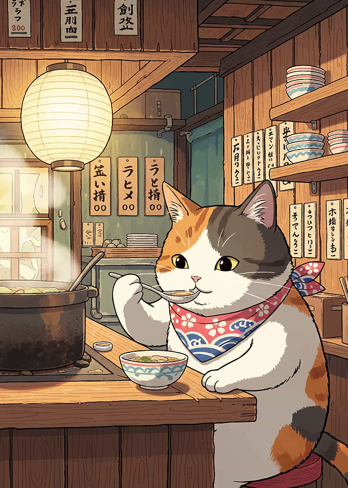Cat eating ramen in Japanese restaurant