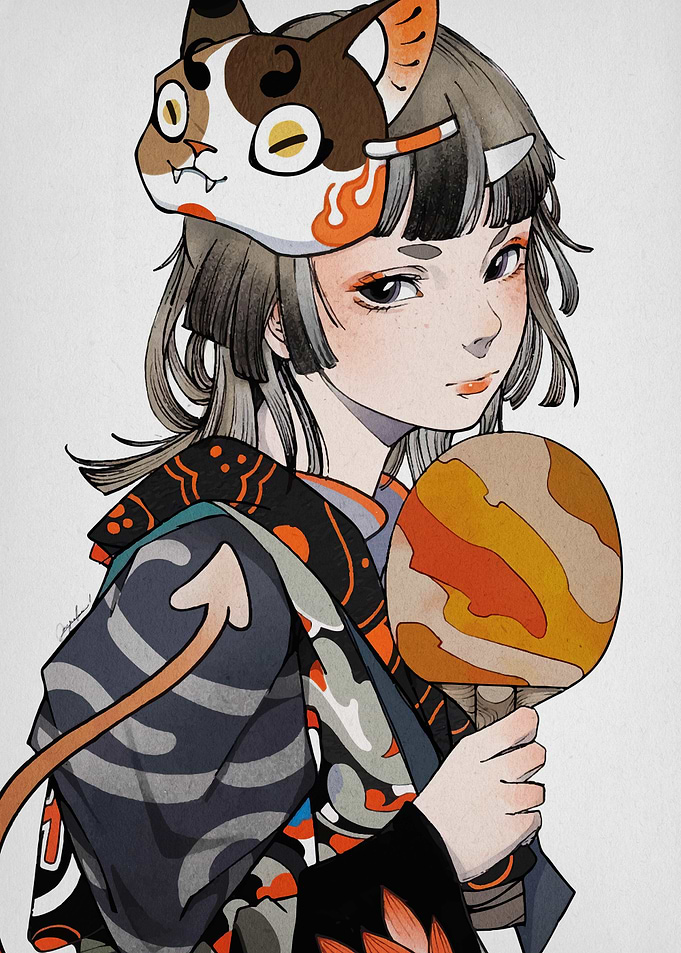 Girl with Cat Mask and Paddle