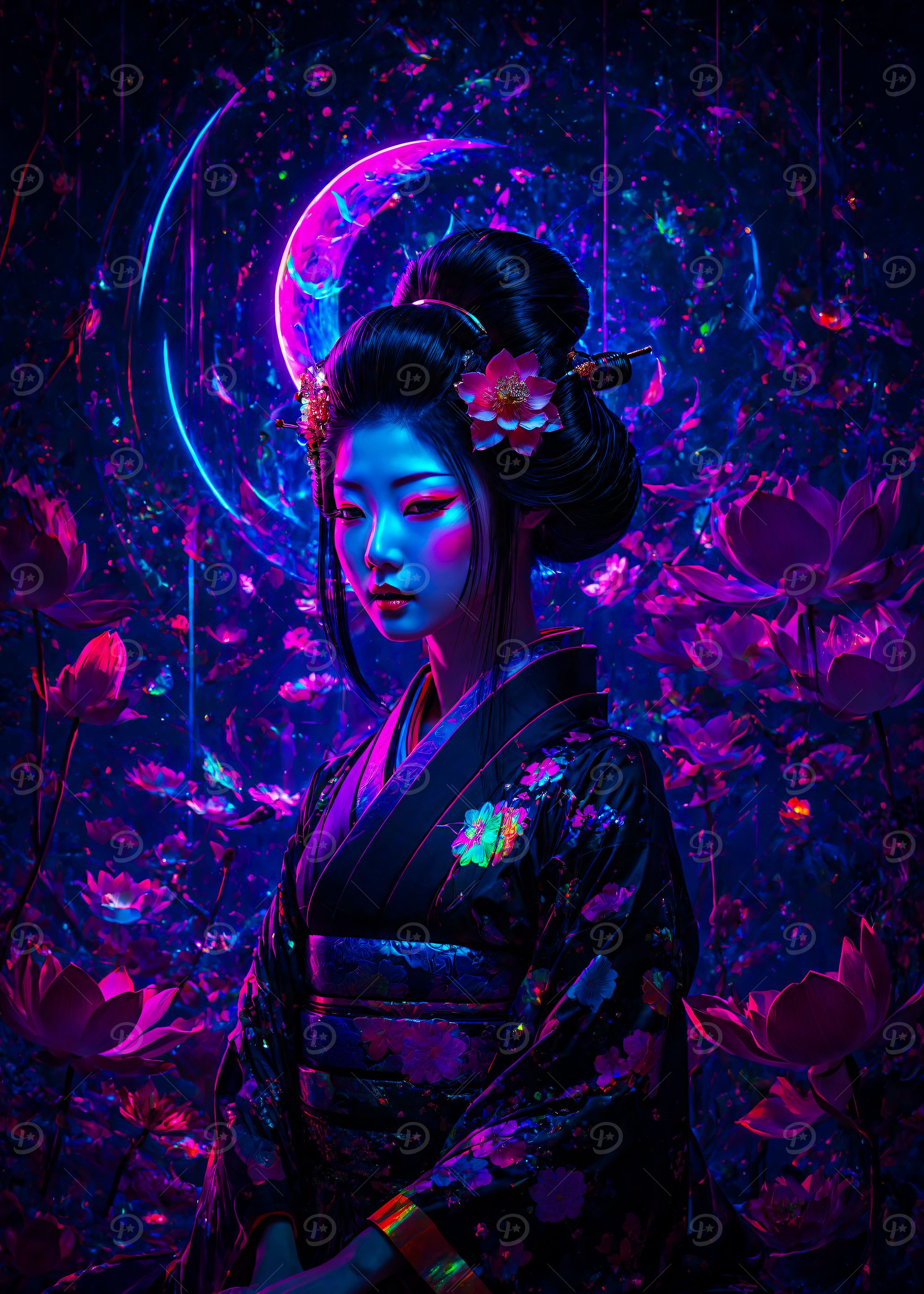 Neon Geisha with Floral Background Japan