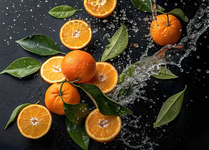 Fresh Oranges with Water Splash