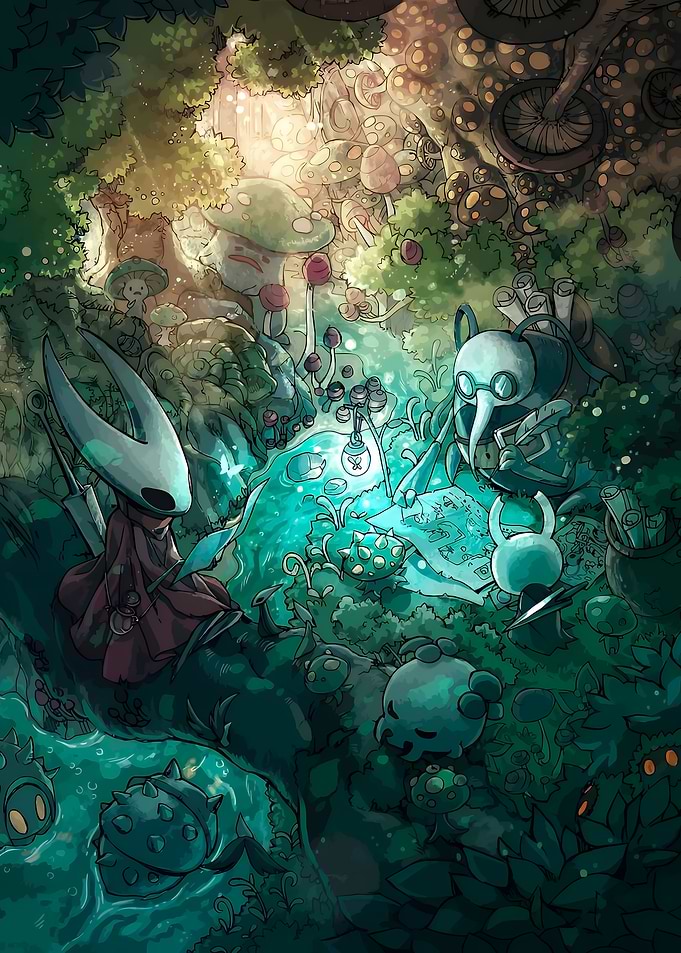 Hollow Knight characters in a forest