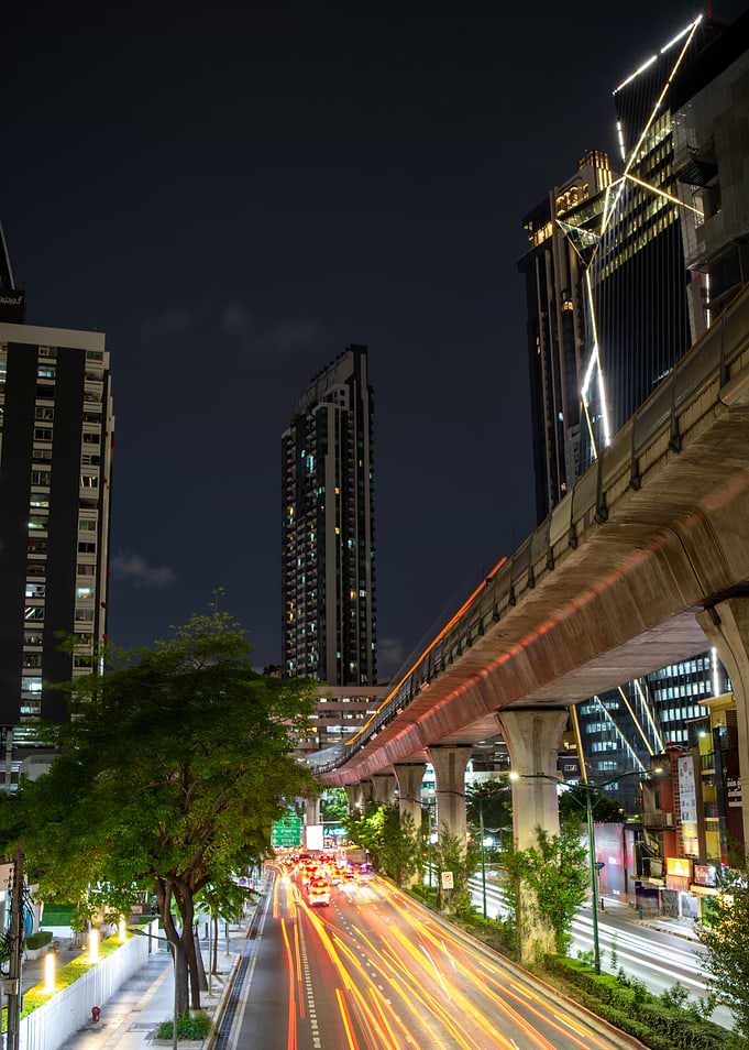 Bangkok Night Cityscape with Traffic Trails