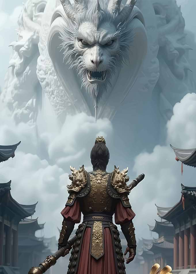 Warrior facing a mythical beast