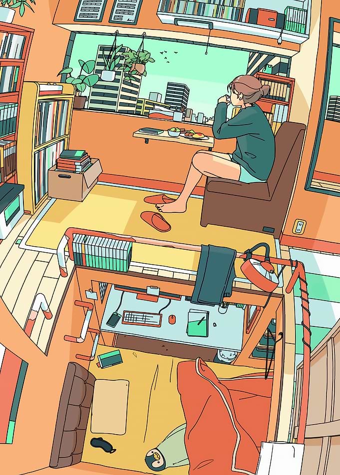 Cozy Room Illustration with City View