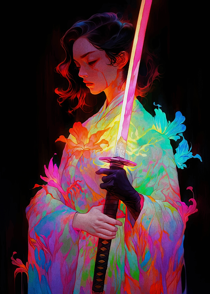 Colorful Kimono Warrior with Sword