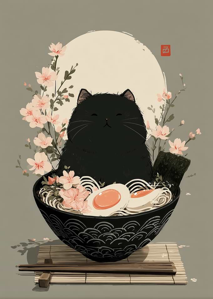 Black Cat in Ramen Bowl