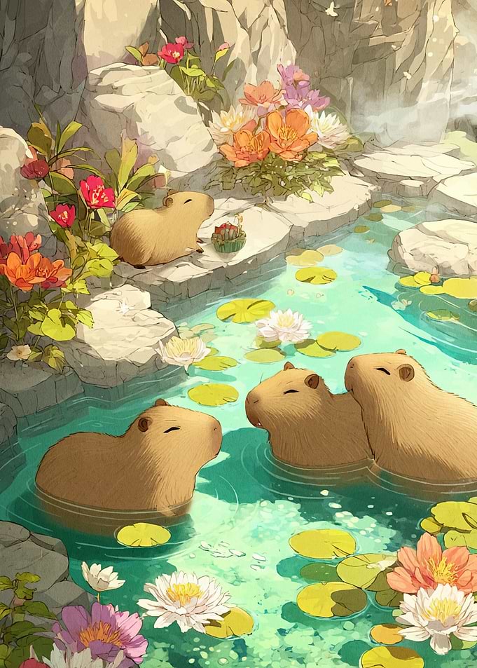 Capybaras Floral Pond