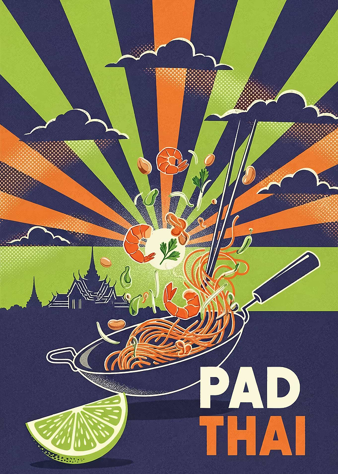 Pad Thai Illustration with Bangkok Skyline