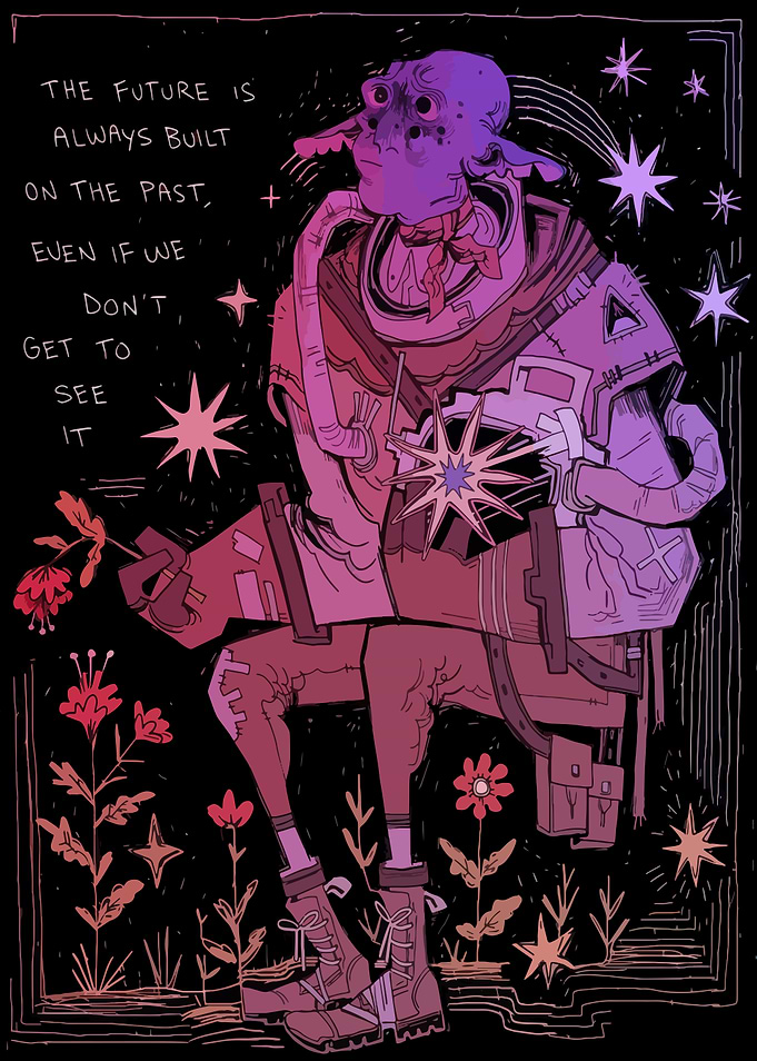 Alien Astronaut with Flowers and Stars