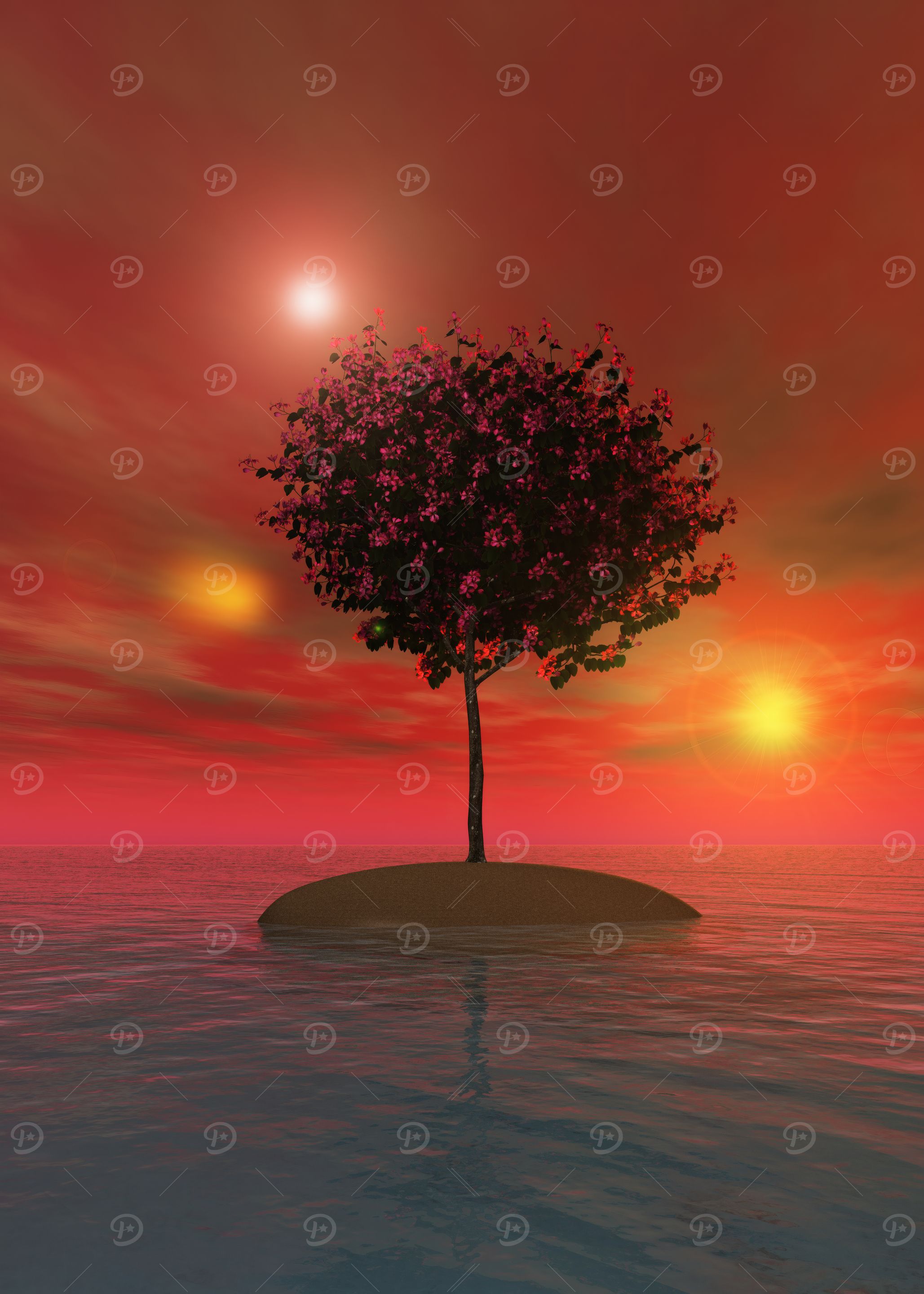 Tree on Island at Sunset