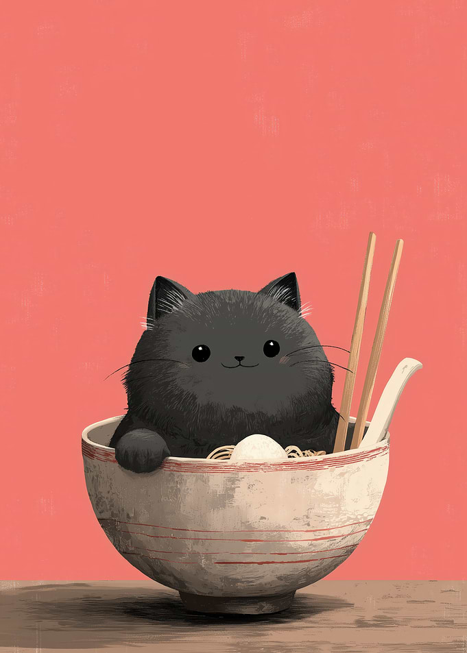 Cute Cat in Ramen Bowl