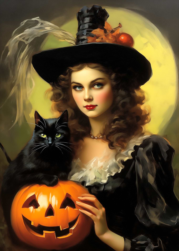 Vintage Halloween Witch with Black Cat