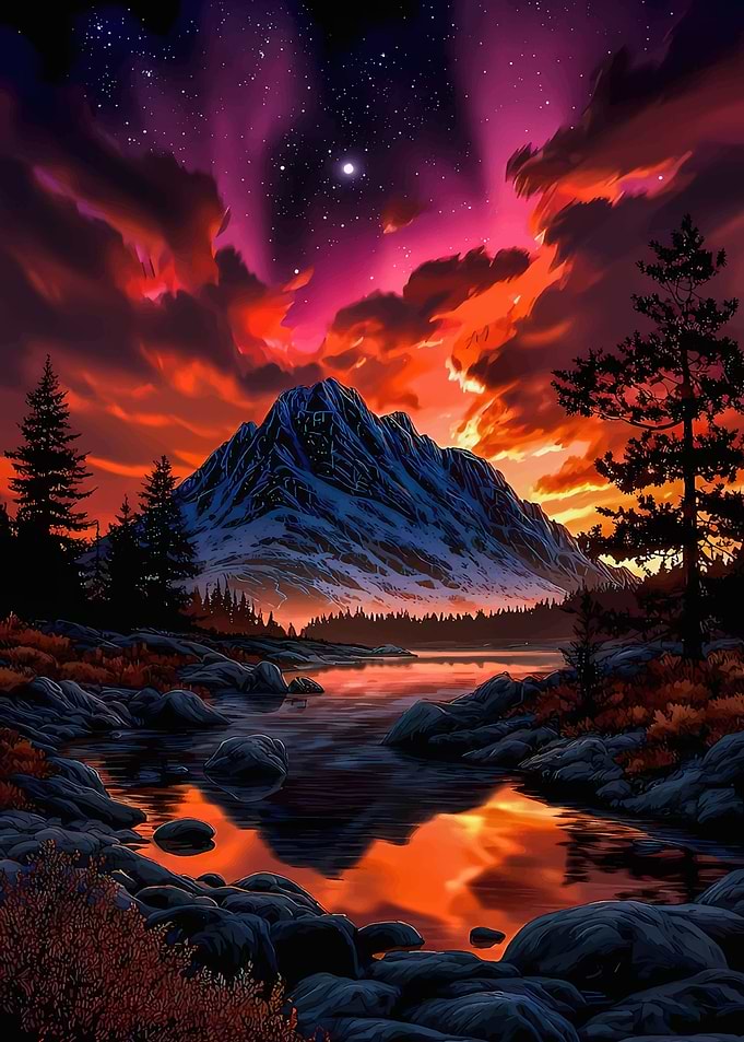 Mountain Lake at Sunset with Aurora