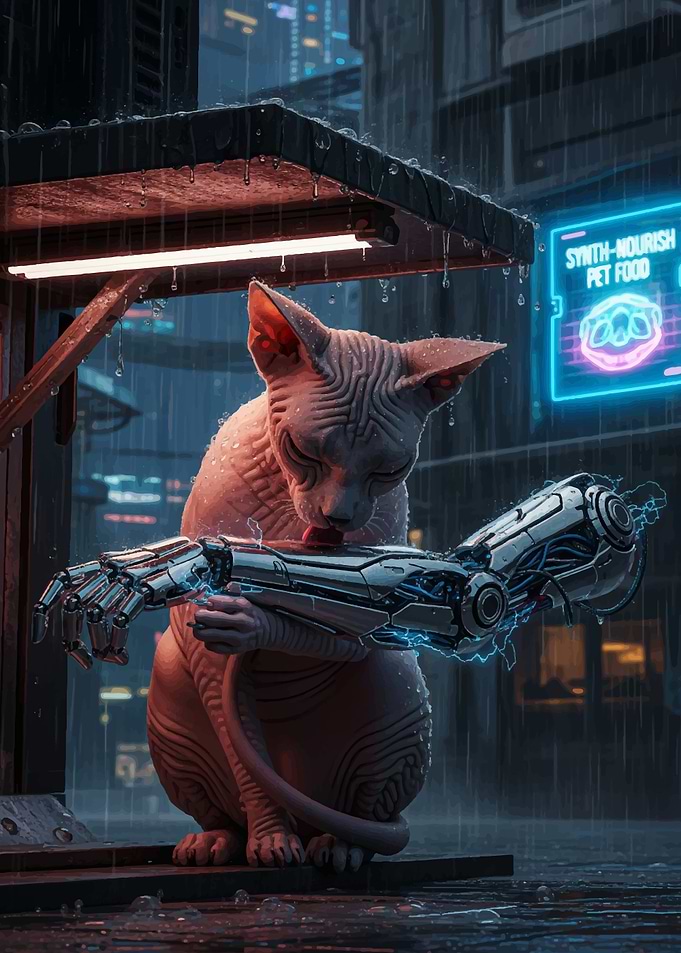 Cyberpunk Cat with Robotic Arm