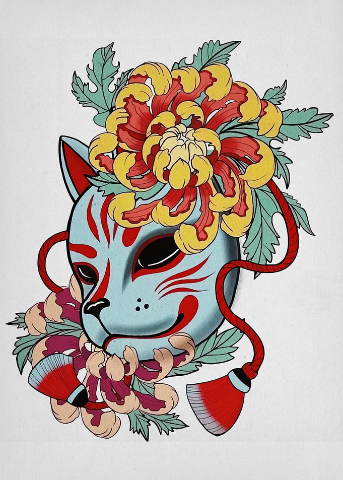 Kitsune Mask with Chrysanthemum Flowers