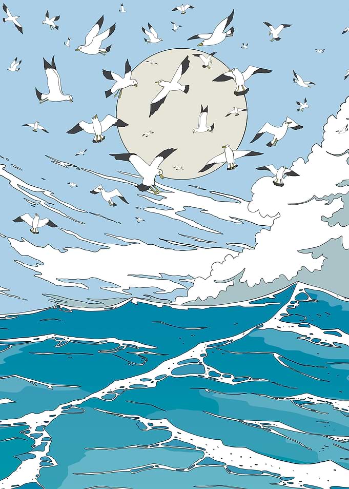 Seagulls Flying Over Ocean Waves