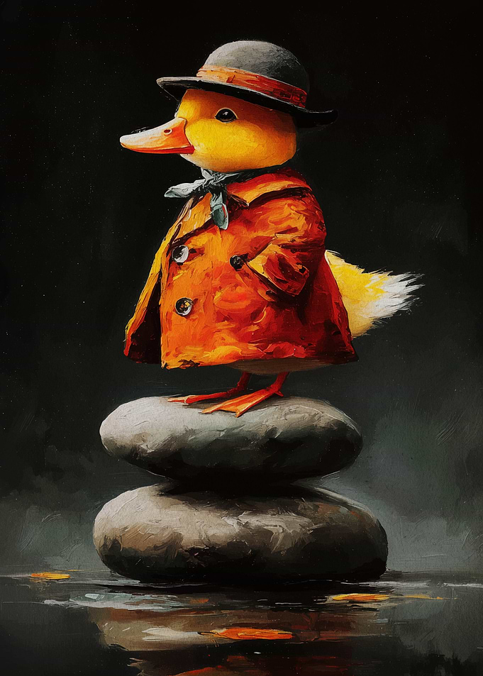 Duck Detective on Stacked Stones Painting
