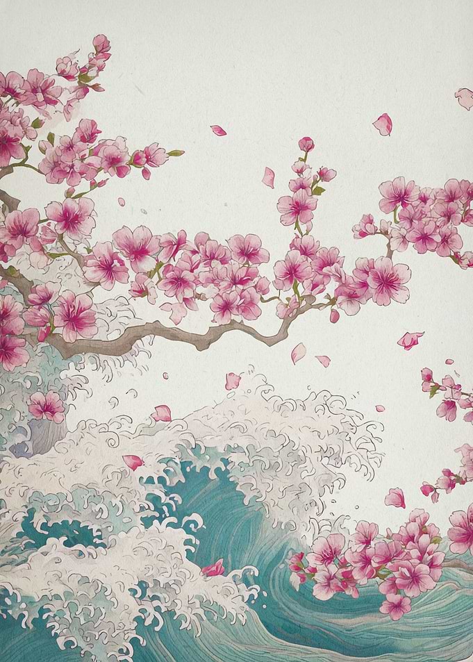 Cherry Blossoms and Waves Illustration