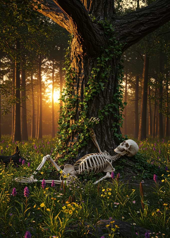 Skeleton Resting by Tree in Forest