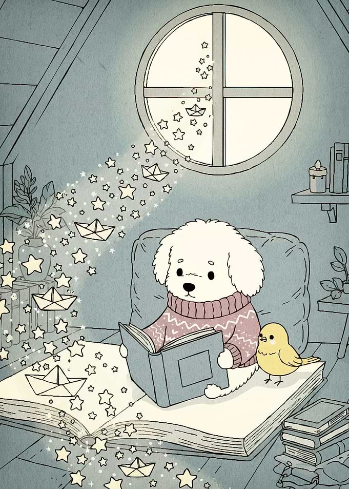 Dog reading book bird
