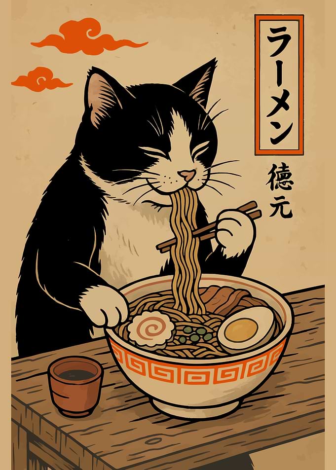 Cat Eating Ramen vintage