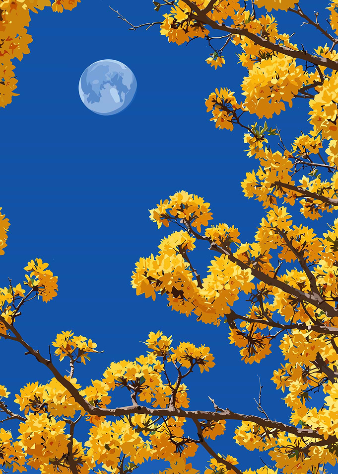 Yellow Flowers and Moon Against Blue