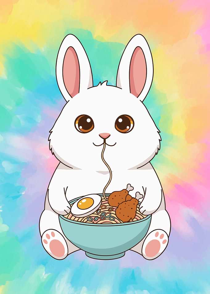 Cute Bunny Eating Ramen Illustration