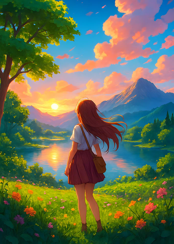 Anime Girl at Sunset Landscape