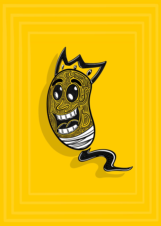 Cartoon King Bean on Yellow Background