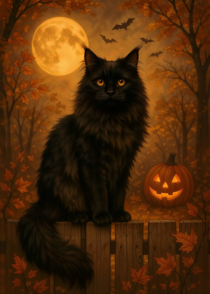 Black Cat and Pumpkin Halloween Night