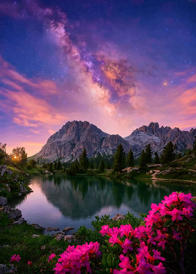 Mountain Lake Under Milky Way