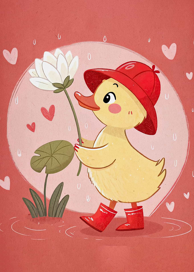 Cute Duckling in Rain with Flower