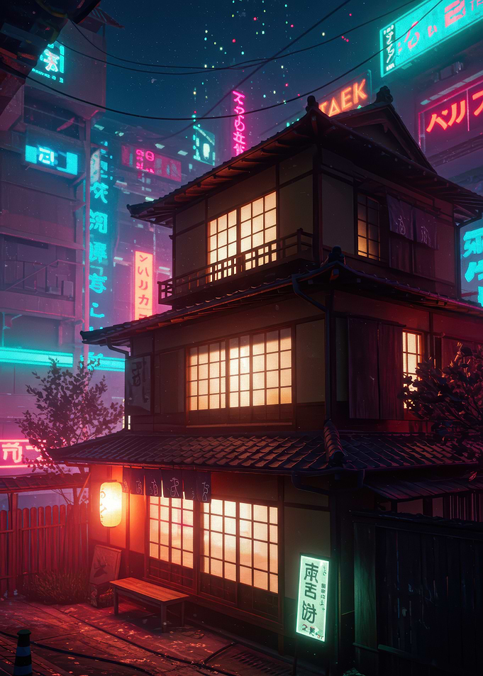 Cyberpunk Japanese Building with Neon Lights