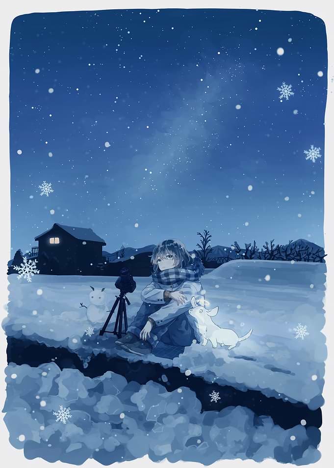 Snowy Night Photography with Dog