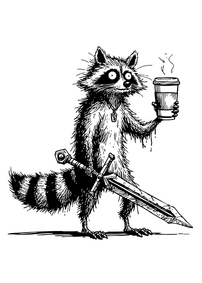 Raccoon Warrior with Coffee and Sword