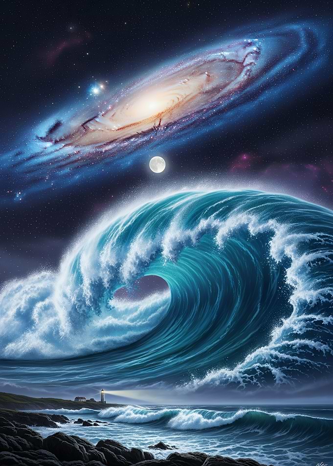 Cosmic Ocean Wave and Galaxy Night Sky