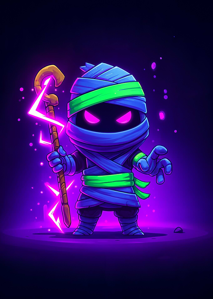 Cartoon Mummy Wizard with Lightning Staff