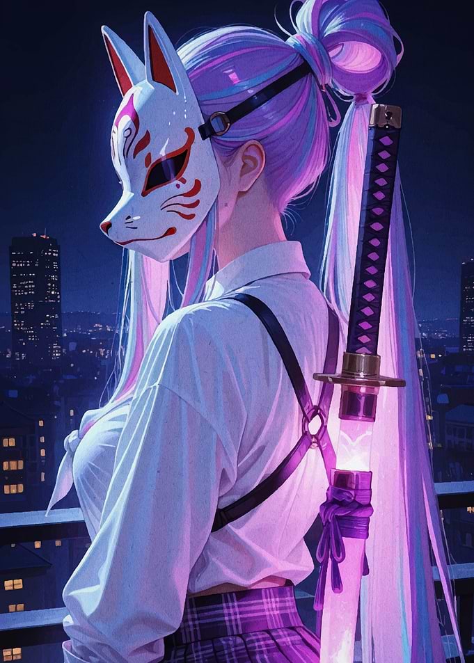 Anime Girl with Fox Mask and Katana