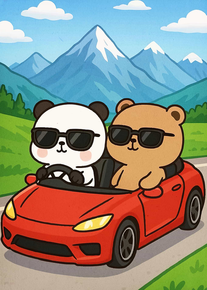 Bears Driving Red Convertible