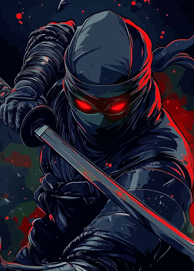 Ninja Warrior with Sword and Red Eyes