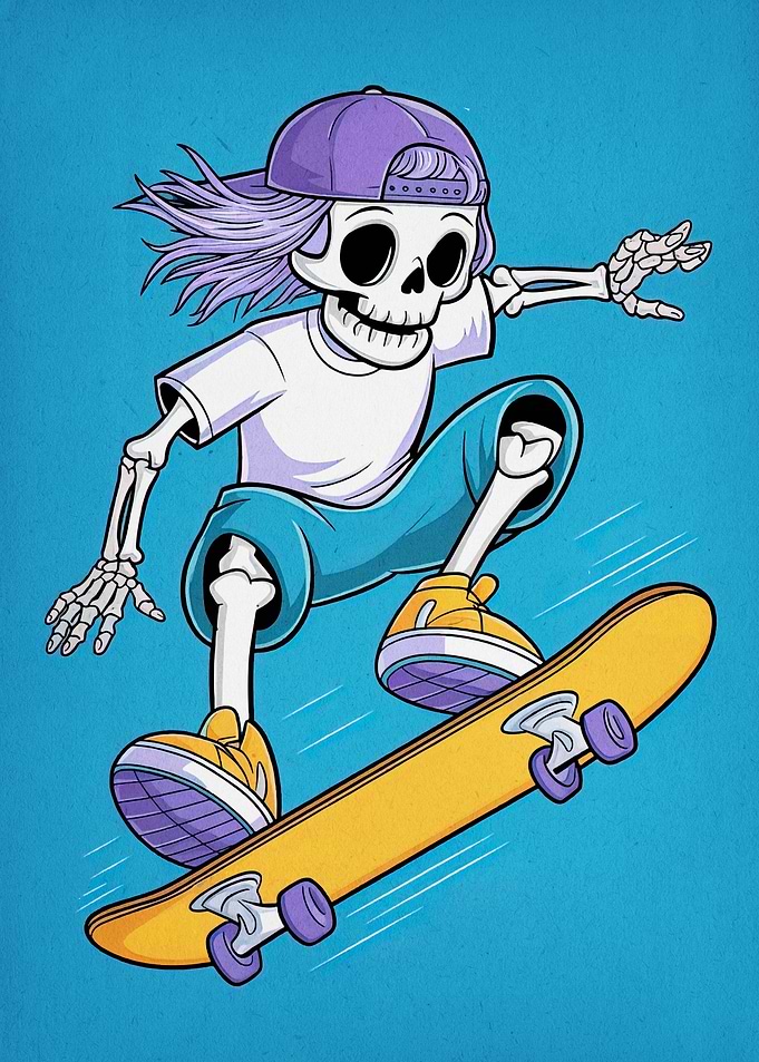 Skateboarding Skeleton with Cap