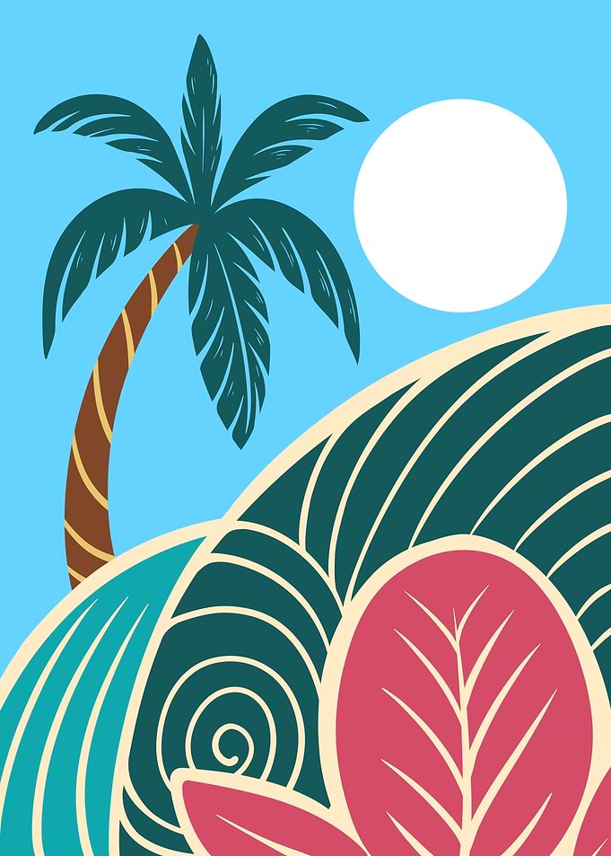 Tropical Beach Illustration with Palm Tree