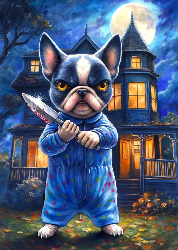 Creepy Dog with Knife in Pajamas
