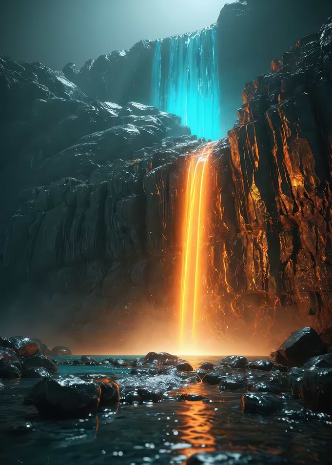 Neon Falls — Turquoise and Molten Orange Waterfalls in a Surreal Canyon