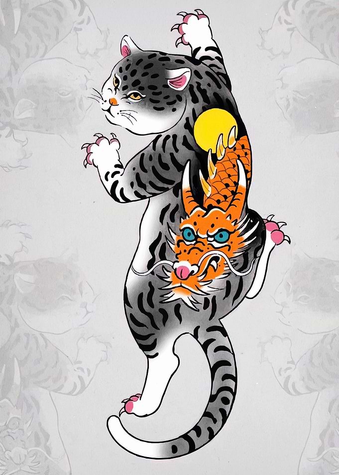 Cat and Dragon Tattoo Style Art