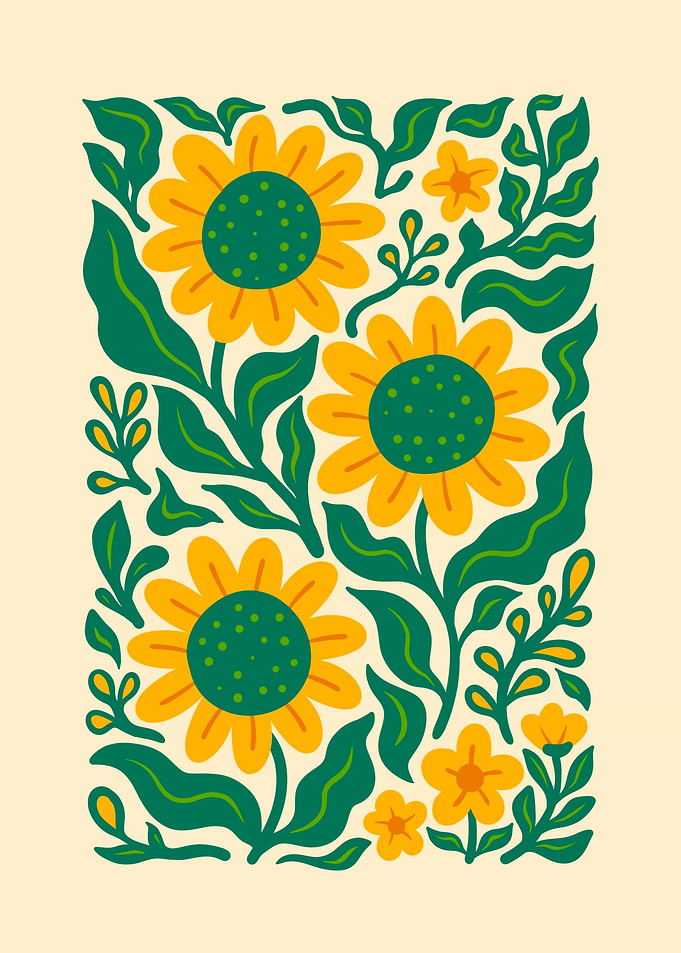 Floral Pattern with Sunflowers and Leaves