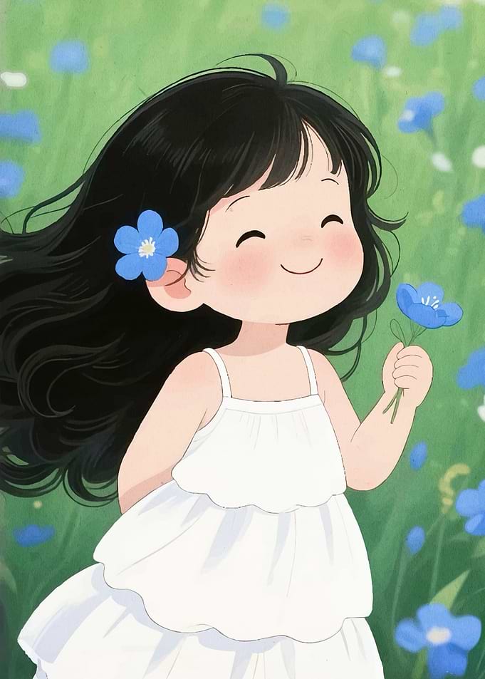 Girl Blue Flowers Meadow