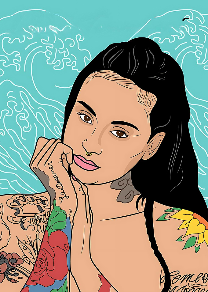 Kehlani Portrait with Tattoos and Waves