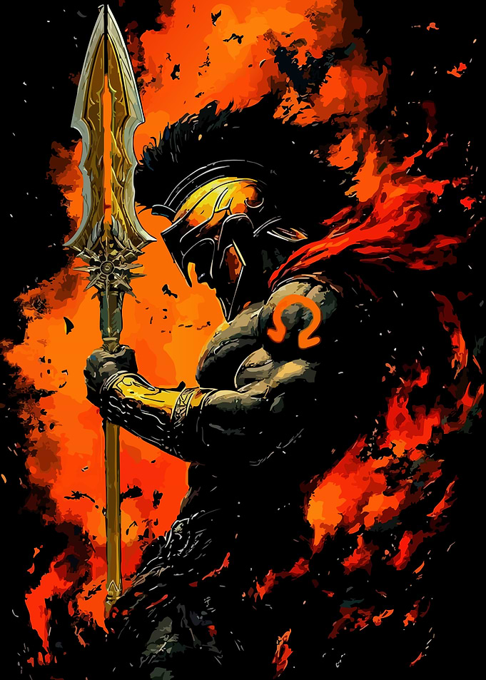 Warrior with Spear in Fiery Ambiance
